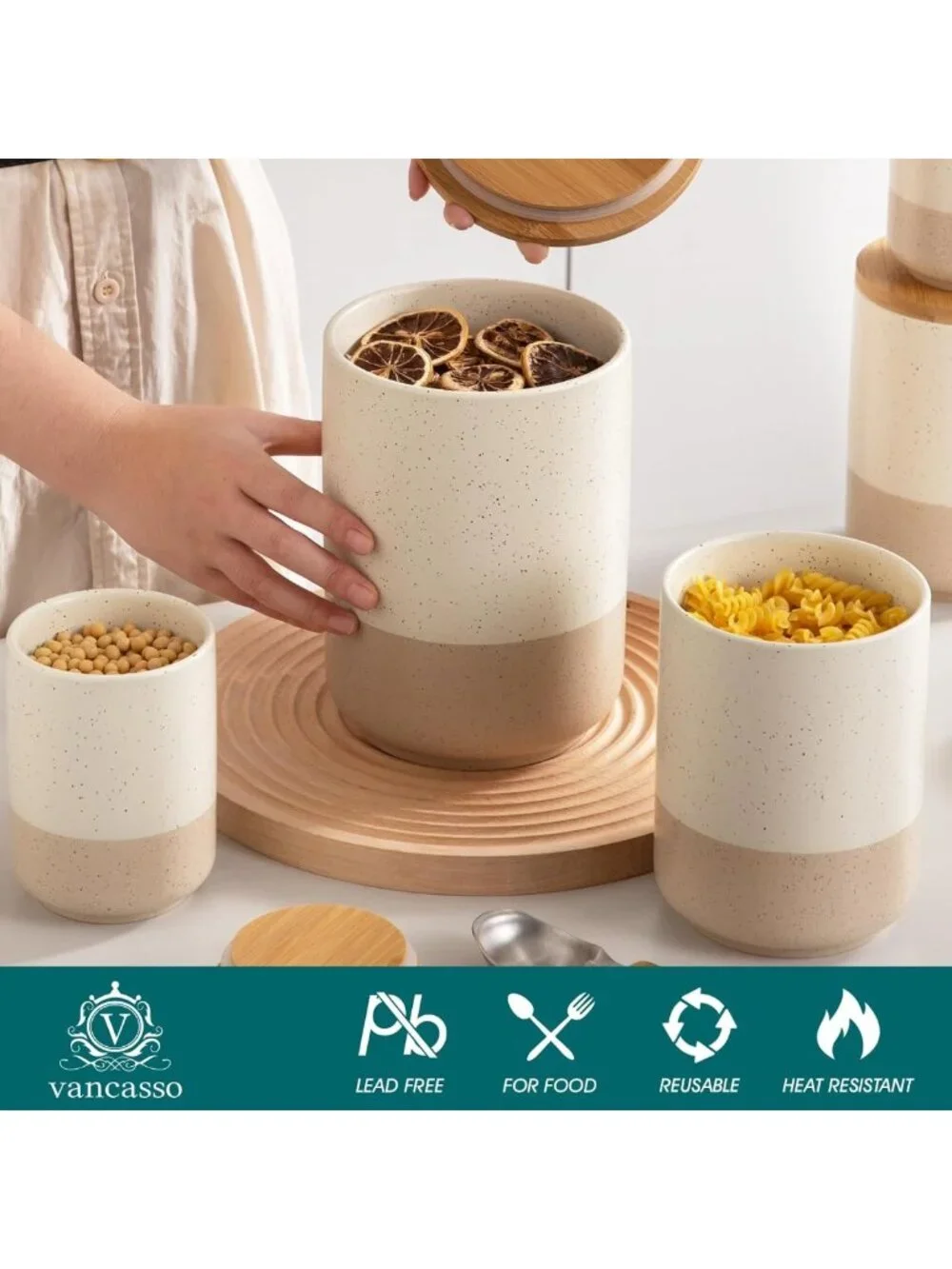 Stylish Ceramic Kitchen Canister Set of 3 with Airtight Wood Lids for Food